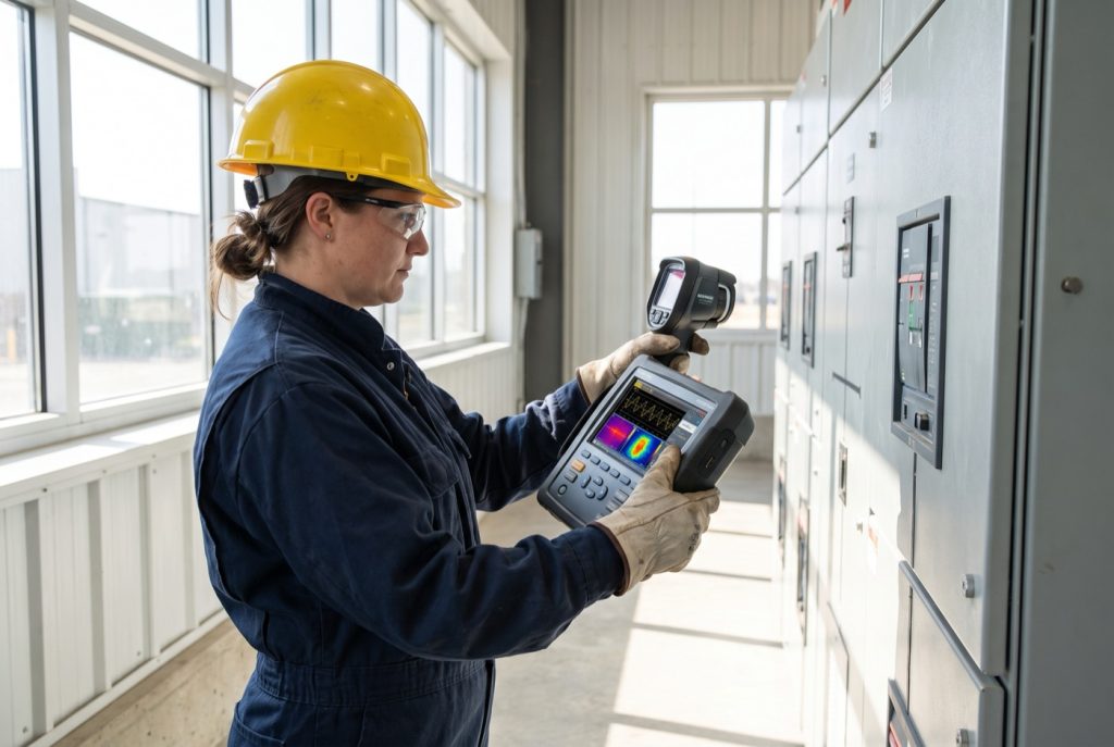 Ingeniera de Grupo Tresner usa un analizador de calidad de energía en un tablero eléctrico industrial