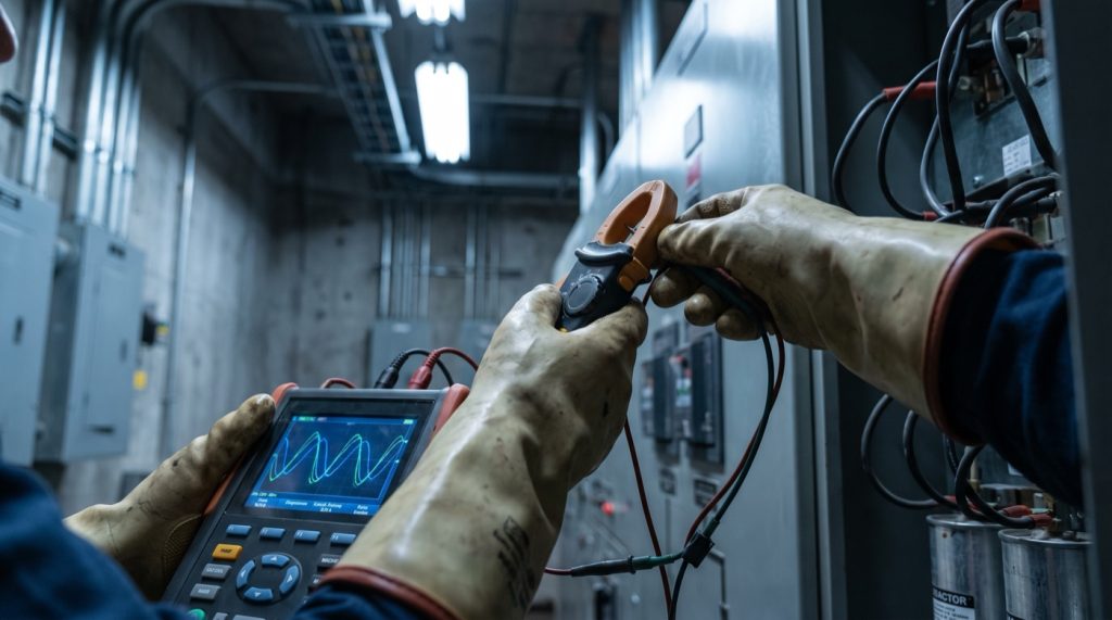 Técnico conecta un analizador de calidad de energía a un banco de capacitores en un cuarto eléctrico industrial