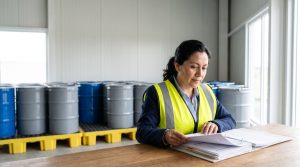 Responsable de cumplimiento revisa el plan de manejo de residuos junto al almacén temporal de residuos de manejo especial