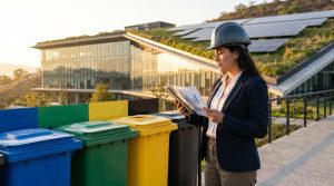 Consultora en sustentabilidad revisa indicadores de residuos junto a una estación de reciclaje en un edificio con techo verde y paneles solares