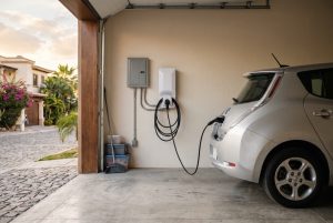 Cargador de vehículo eléctrico Nivel 2 instalado en la pared de una cochera residencial con circuito dedicado