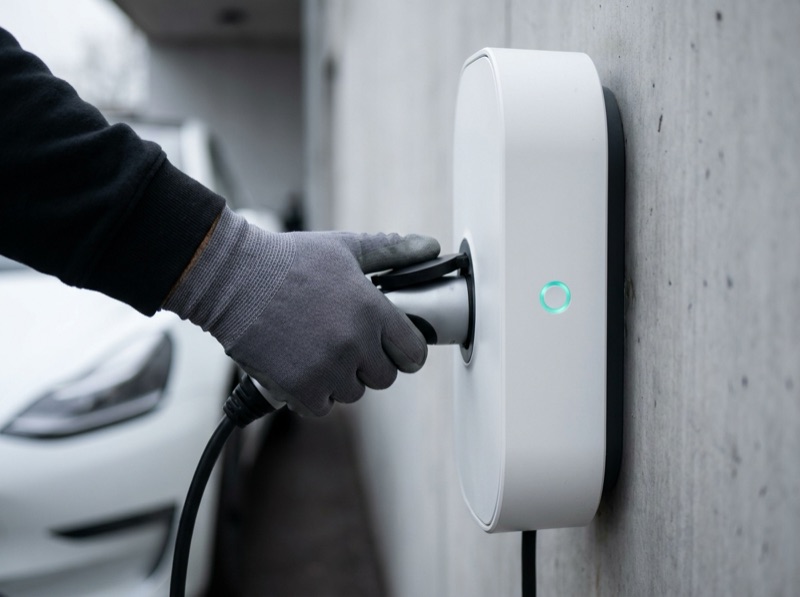 Técnico de Grupo Tresner conectando un cargador de pared para auto eléctrico