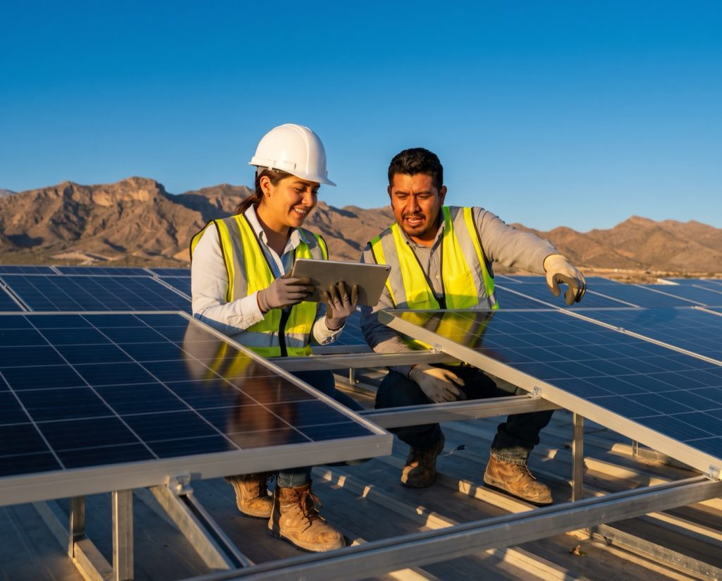 Ingenieros de Grupo Tresner revisando con una tablet la instalación de paneles solares en el techo de una nave industrial en Chihuahua