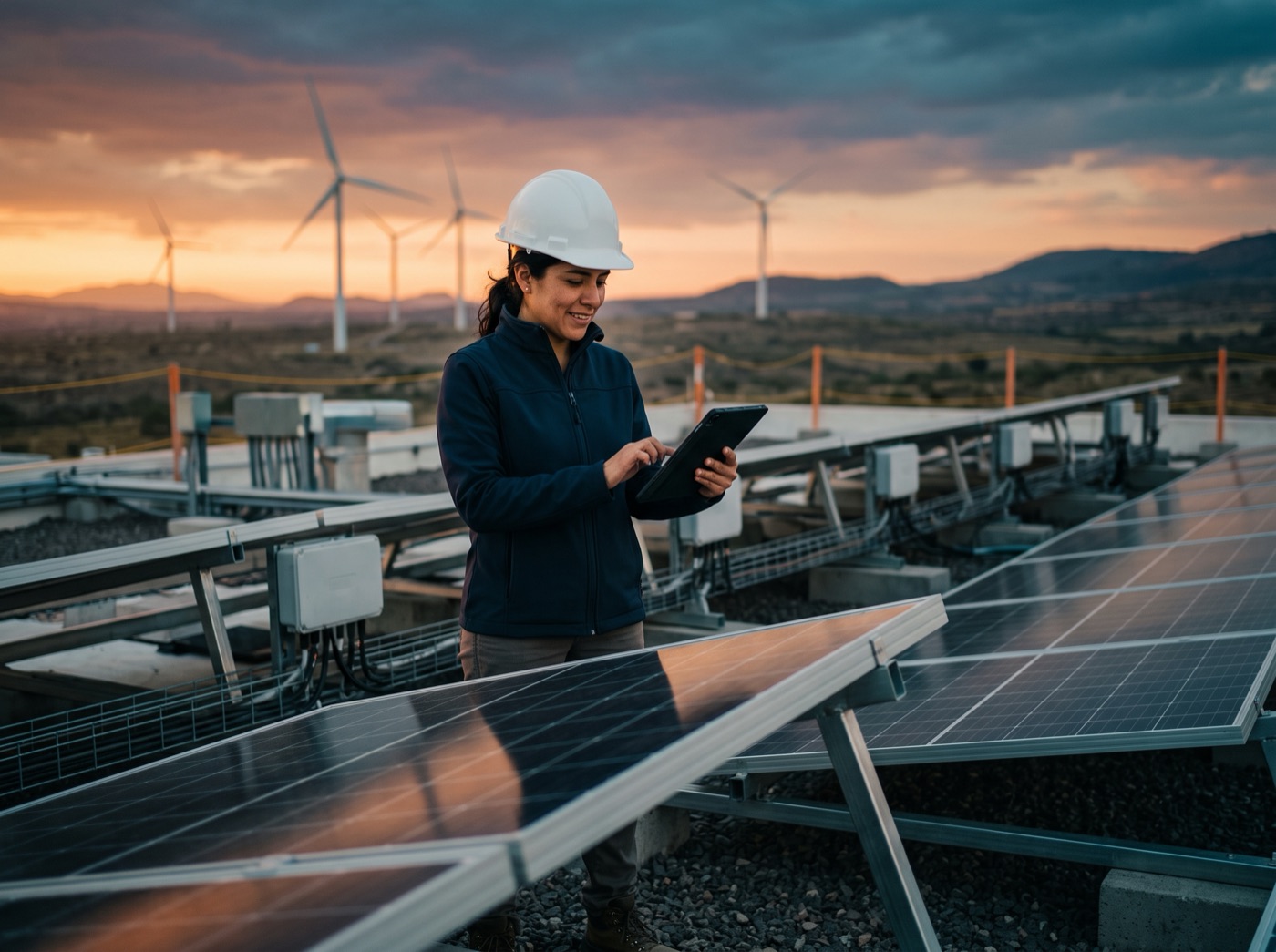 Ingeniera de Grupo Tresner inspeccionando paneles solares con tablet al atardecer, aerogeneradores de fondo