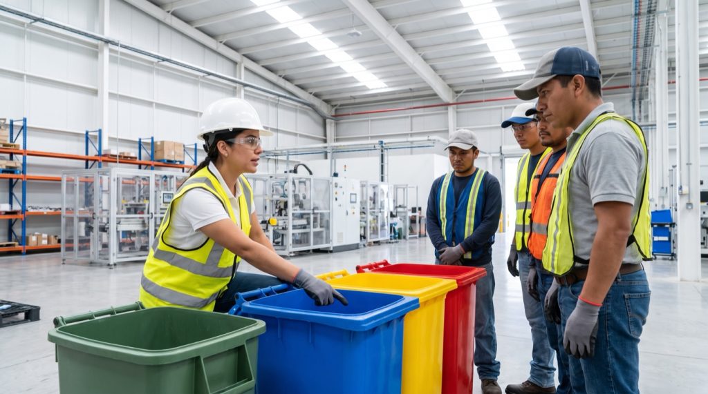 Ingeniera ambiental capacita a personal de planta en la separación correcta de residuos en contenedores de colores