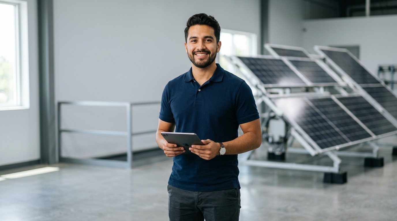 Asesor Solar de Grupo Tresner con tablet frente a paneles solares instalados