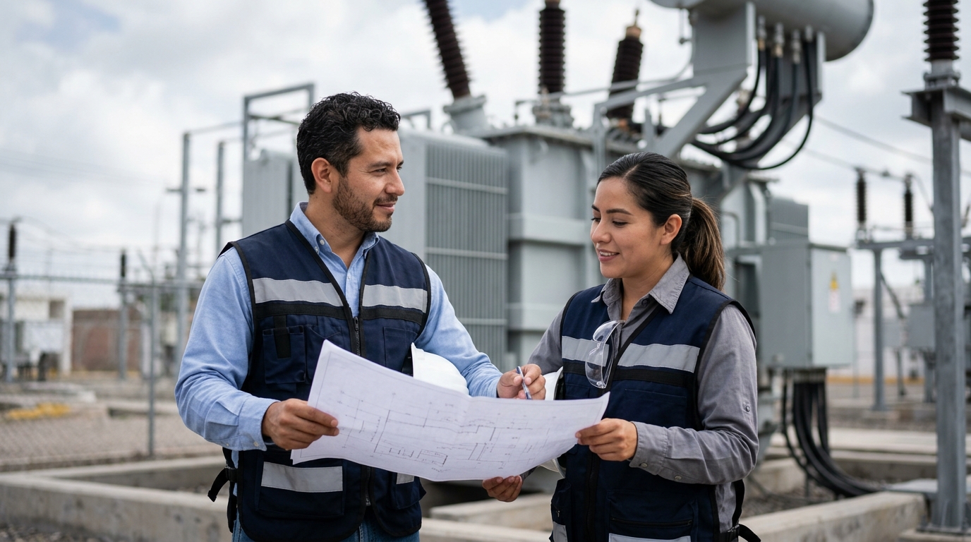 Ingeniero e ingeniera de proyectos electricos de Grupo Tresner revisando plano en subestacion