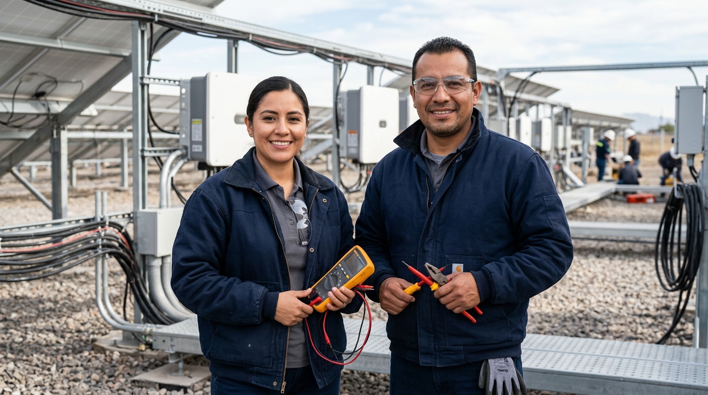 Tecnico y tecnica instaladores electromecanicos de Grupo Tresner en sitio de instalacion solar